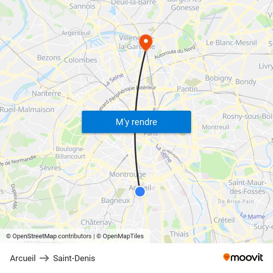 Arcueil to Saint-Denis map