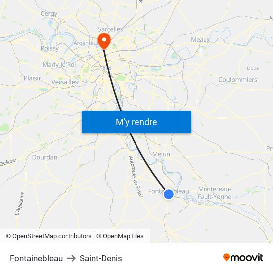 Fontainebleau to Saint-Denis map