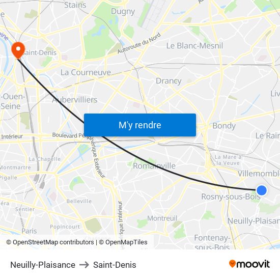 Neuilly-Plaisance to Saint-Denis map