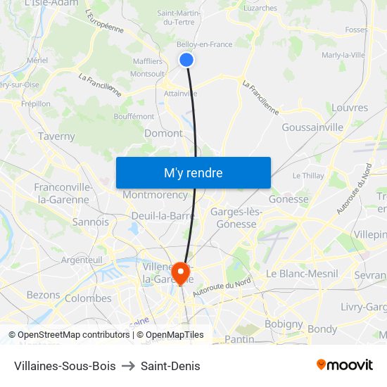 Villaines-Sous-Bois to Saint-Denis map