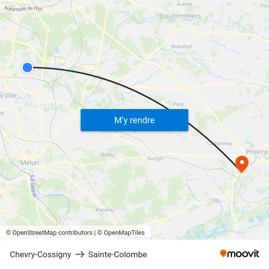 Chevry-Cossigny to Sainte-Colombe map