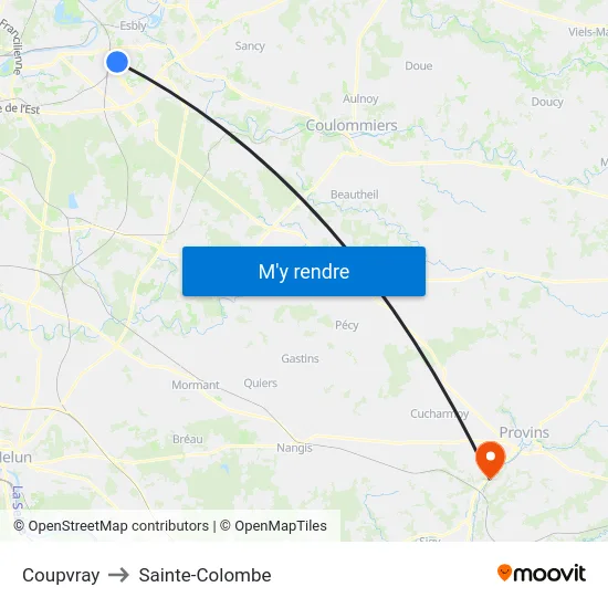 Coupvray to Sainte-Colombe map