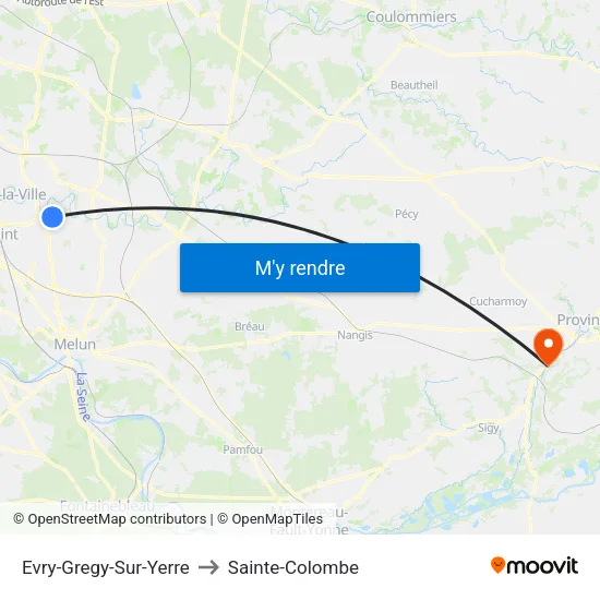 Evry-Gregy-Sur-Yerre to Sainte-Colombe map