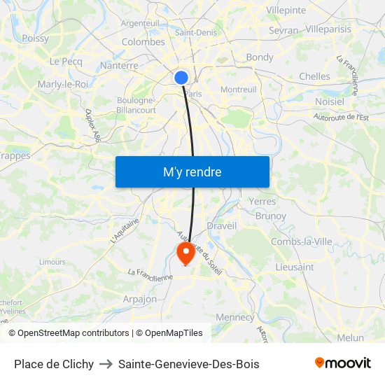 Place de Clichy to Sainte-Genevieve-Des-Bois map