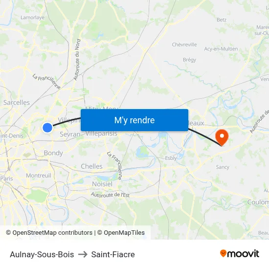 Aulnay-Sous-Bois to Saint-Fiacre map