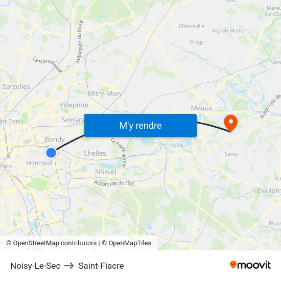 Noisy-Le-Sec to Saint-Fiacre map