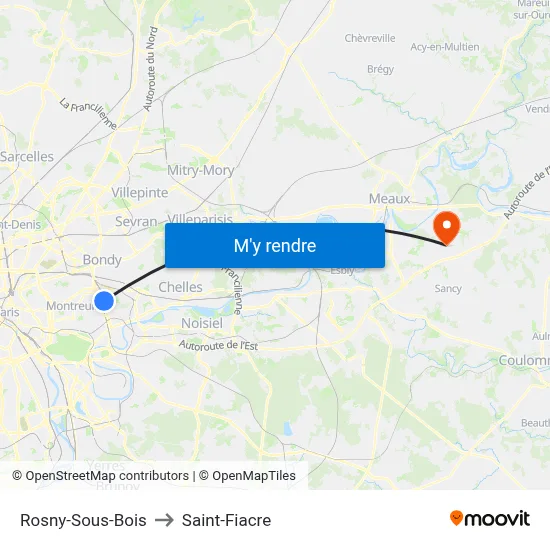 Rosny-Sous-Bois to Saint-Fiacre map