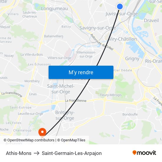 Athis-Mons to Saint-Germain-Les-Arpajon map