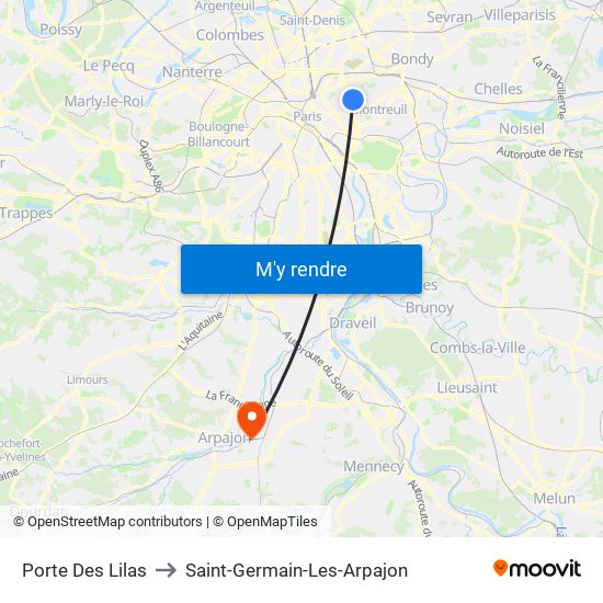 Porte Des Lilas to Saint-Germain-Les-Arpajon map