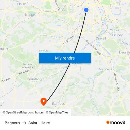 Bagneux to Saint-Hilaire map