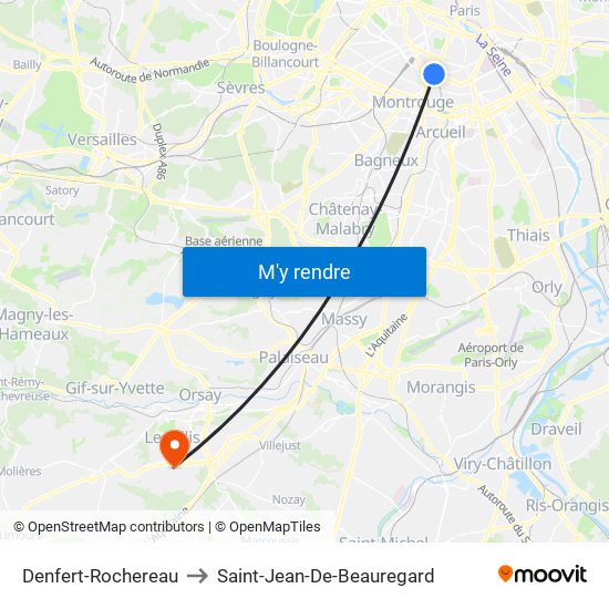 Denfert-Rochereau to Saint-Jean-De-Beauregard map