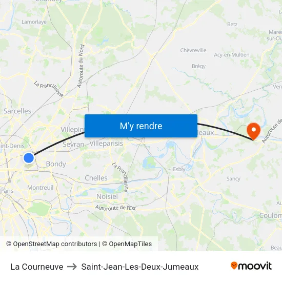 La Courneuve to Saint-Jean-Les-Deux-Jumeaux map