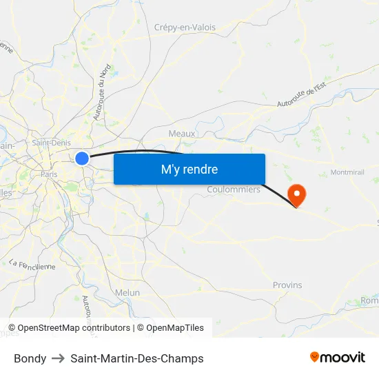 Bondy to Saint-Martin-Des-Champs map