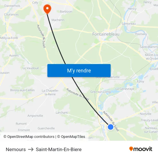Nemours to Saint-Martin-En-Biere map