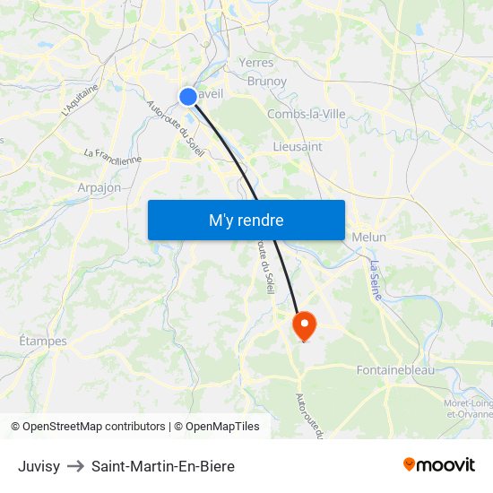 Juvisy to Saint-Martin-En-Biere map