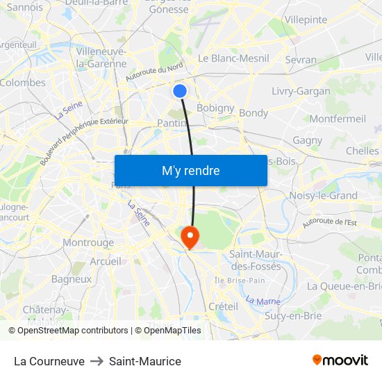 La Courneuve to Saint-Maurice map