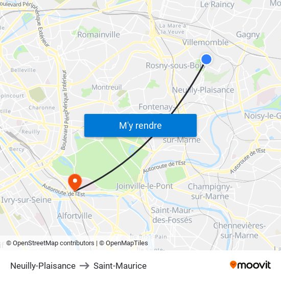 Neuilly-Plaisance to Saint-Maurice map