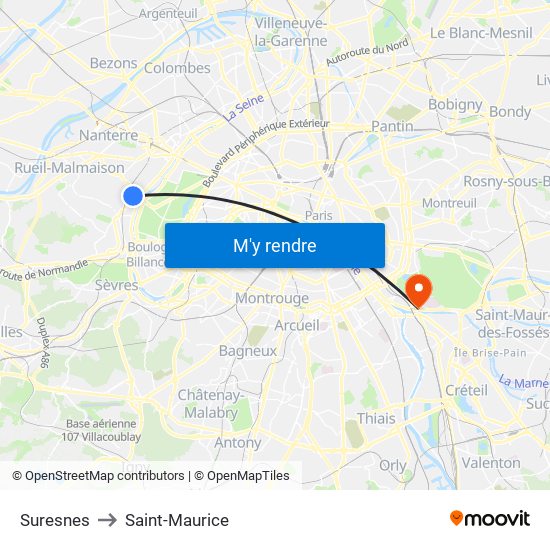 Suresnes to Saint-Maurice map