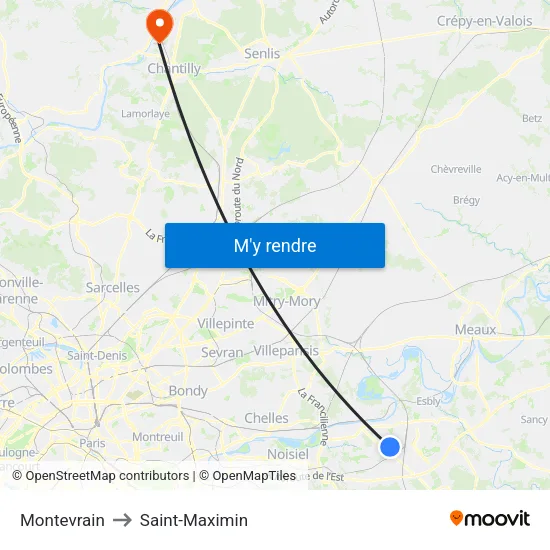 Montevrain to Saint-Maximin map