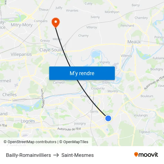 Bailly-Romainvilliers to Saint-Mesmes map