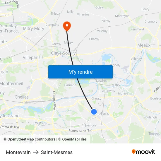 Montevrain to Saint-Mesmes map