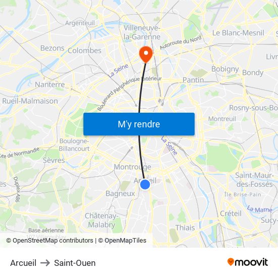 Arcueil to Saint-Ouen map