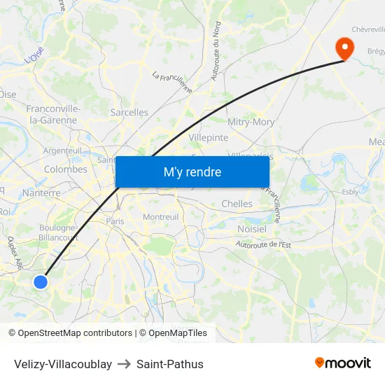 Velizy-Villacoublay to Saint-Pathus map