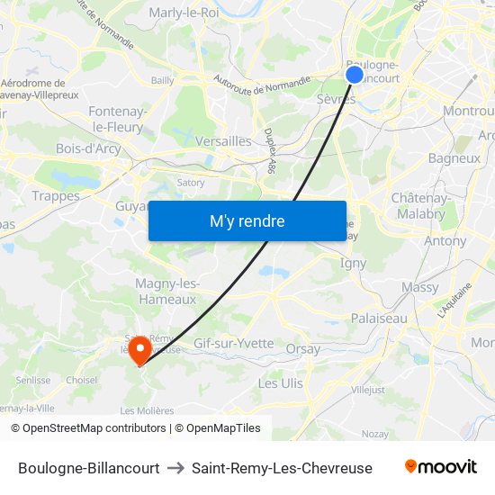 Boulogne-Billancourt to Saint-Remy-Les-Chevreuse map