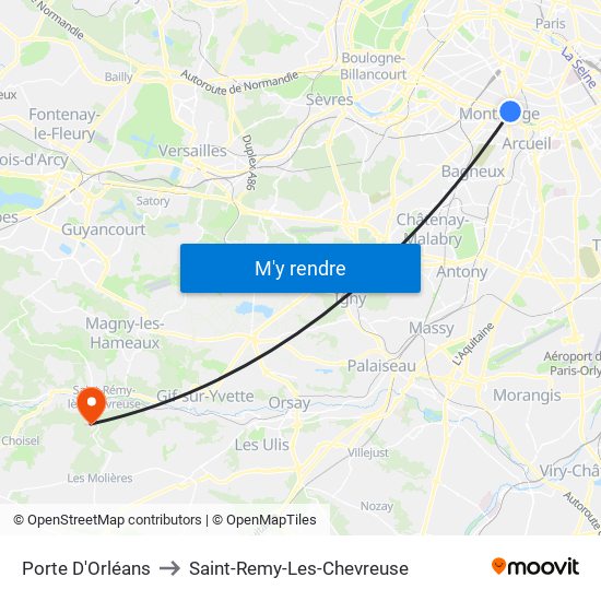 Porte D'Orléans to Saint-Remy-Les-Chevreuse map