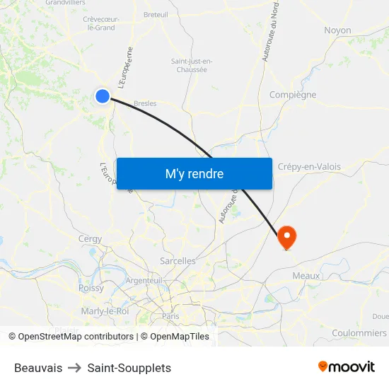 Beauvais to Saint-Soupplets map