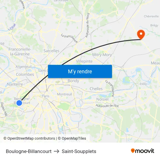 Boulogne-Billancourt to Saint-Soupplets map