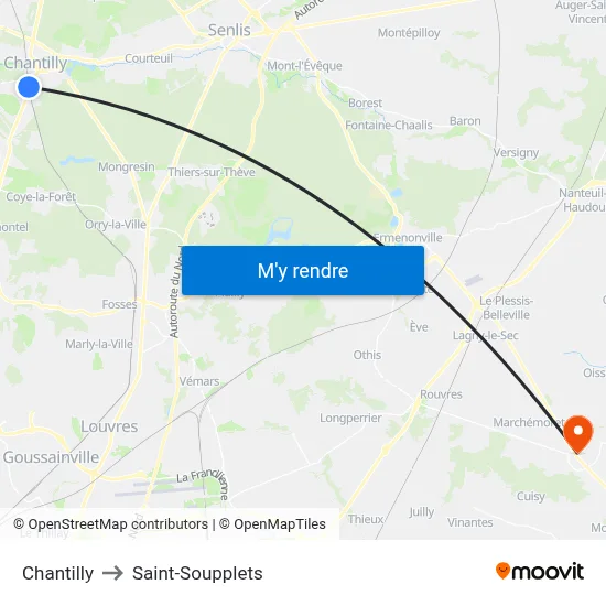 Chantilly to Saint-Soupplets map