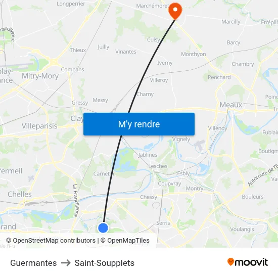 Guermantes to Saint-Soupplets map