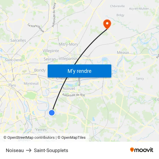 Noiseau to Saint-Soupplets map