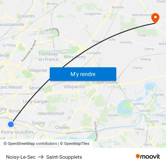 Noisy-Le-Sec to Saint-Soupplets map