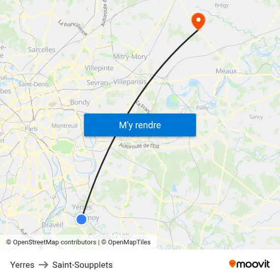 Yerres to Saint-Soupplets map