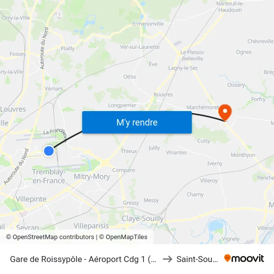 Gare de Roissypôle - Aéroport Cdg 1 (Terminal 3) (G2) to Saint-Soupplets map