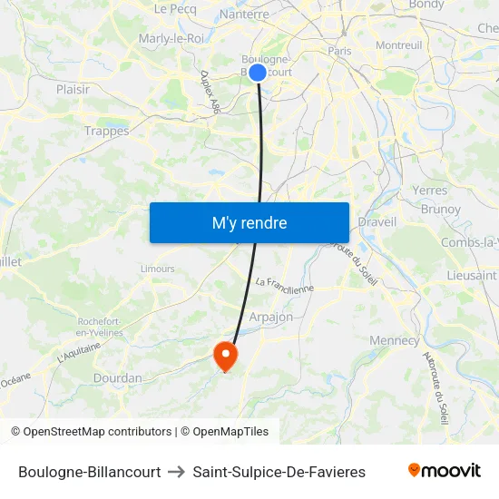 Boulogne-Billancourt to Saint-Sulpice-De-Favieres map