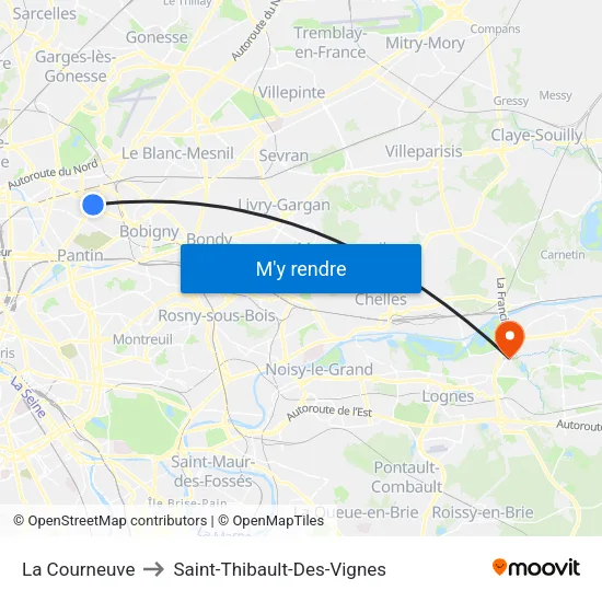 La Courneuve to Saint-Thibault-Des-Vignes map