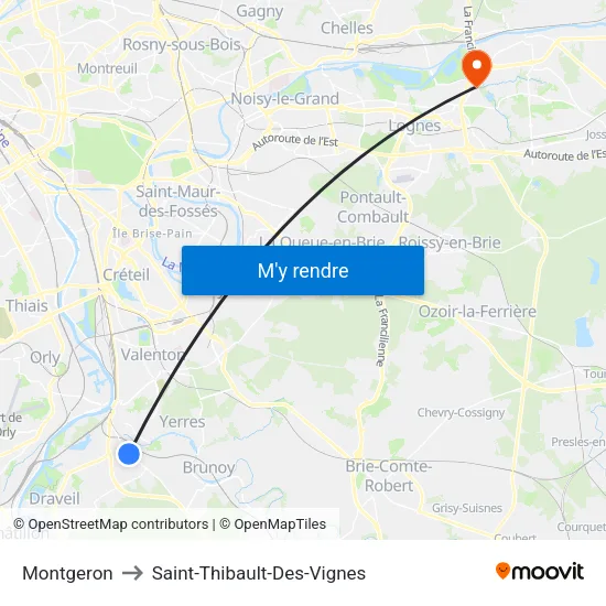 Montgeron to Saint-Thibault-Des-Vignes map