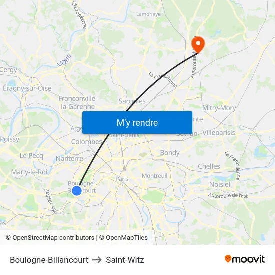 Boulogne-Billancourt to Saint-Witz map