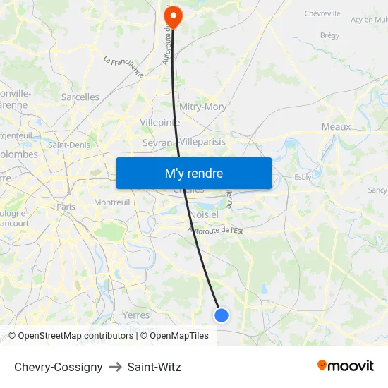 Chevry-Cossigny to Saint-Witz map