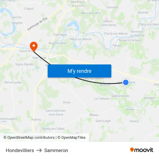 Hondevilliers to Sammeron map