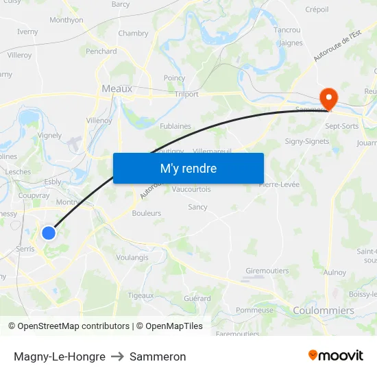 Magny-Le-Hongre to Sammeron map