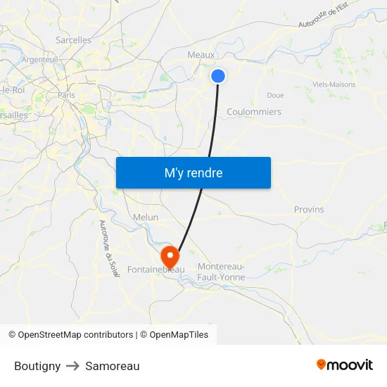 Boutigny to Samoreau map
