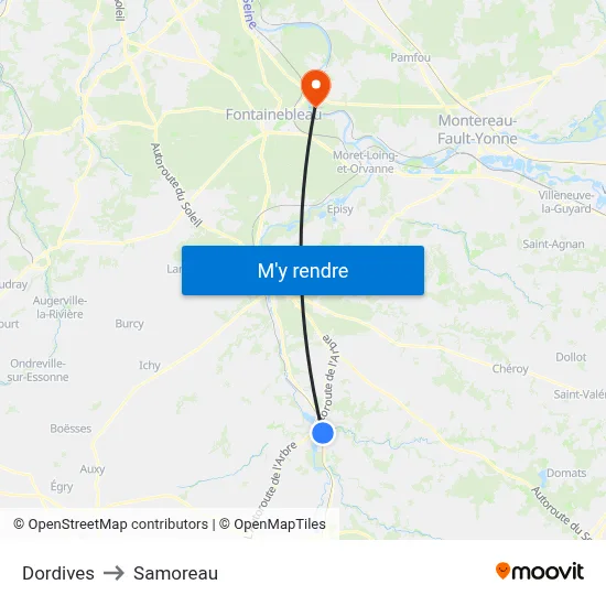 Dordives to Samoreau map