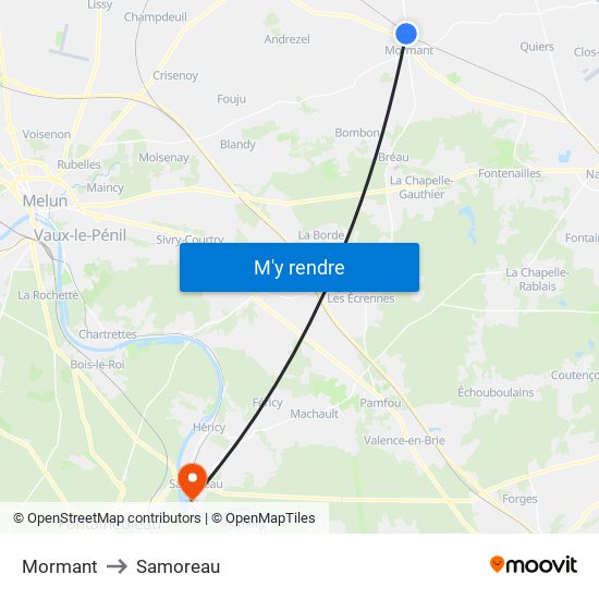 Mormant to Samoreau map