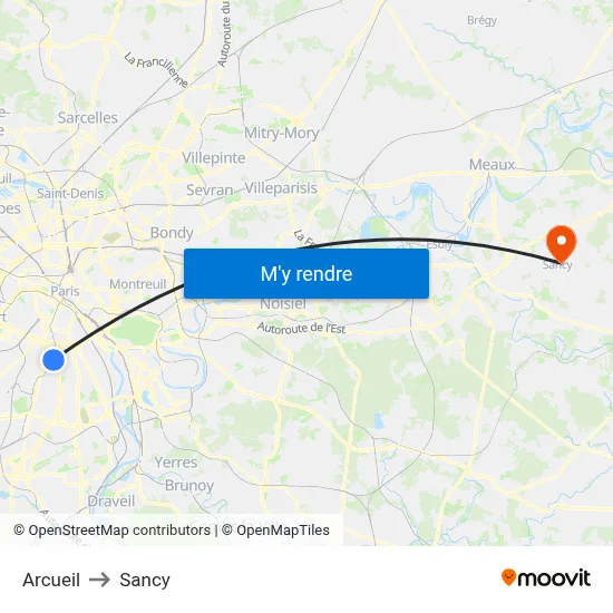 Arcueil to Sancy map