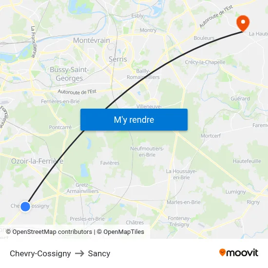 Chevry-Cossigny to Sancy map