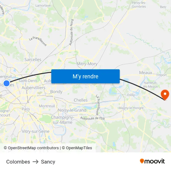 Colombes to Sancy map